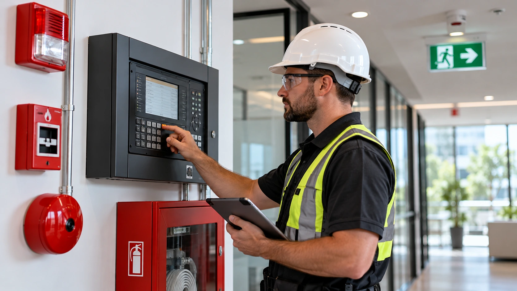 Illustrative marketing image of a technician inspecting a fire alarm control panel