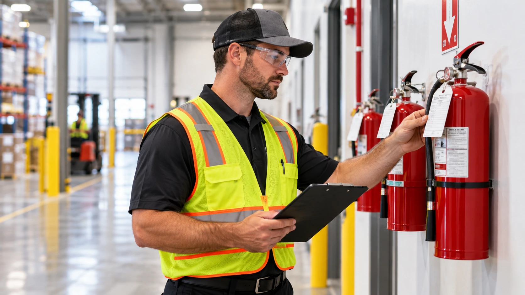 Illustrative marketing image of a technician inspecting fire extinguishers