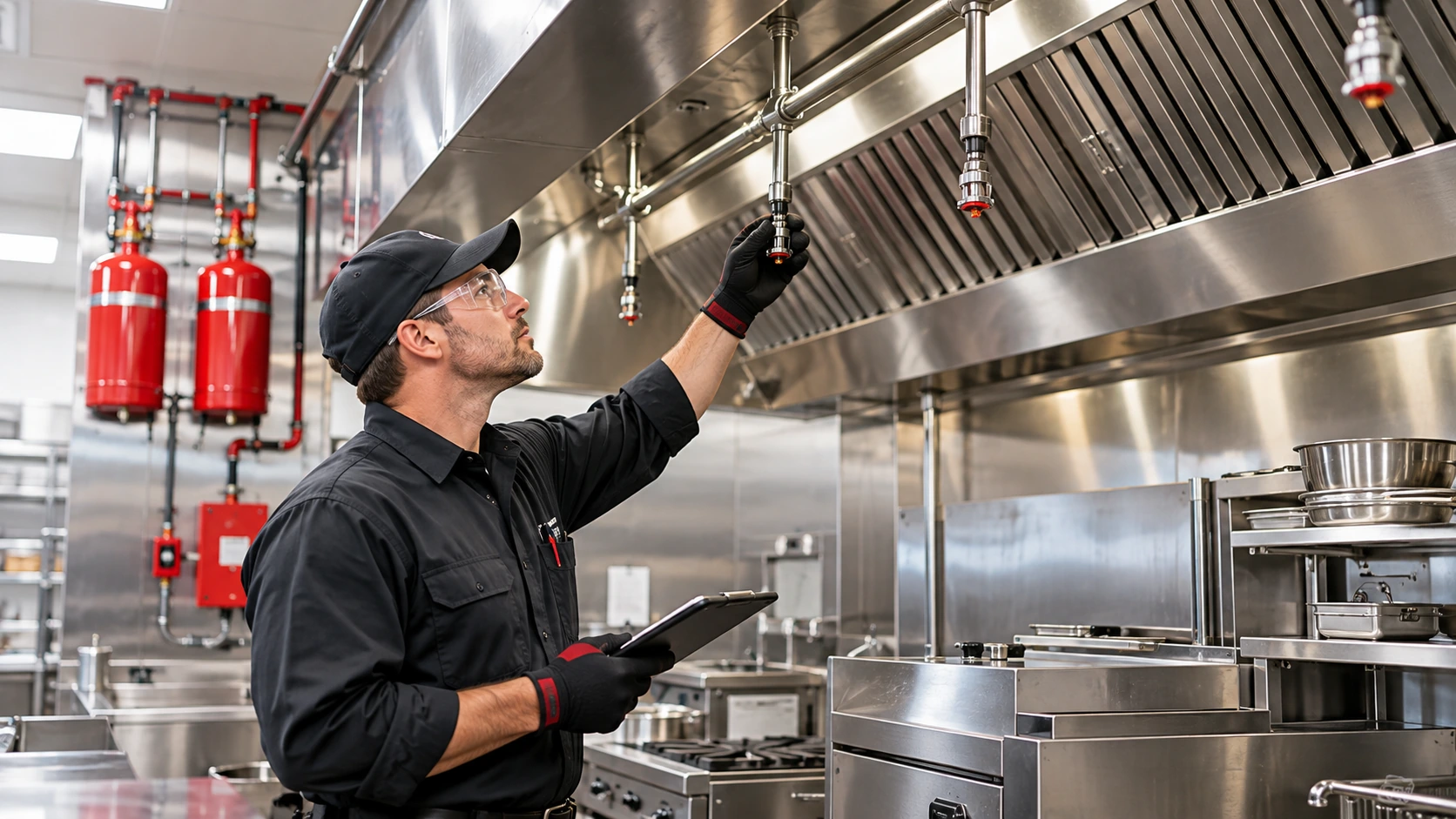Illustrative marketing image of a kitchen hood fire suppression inspection